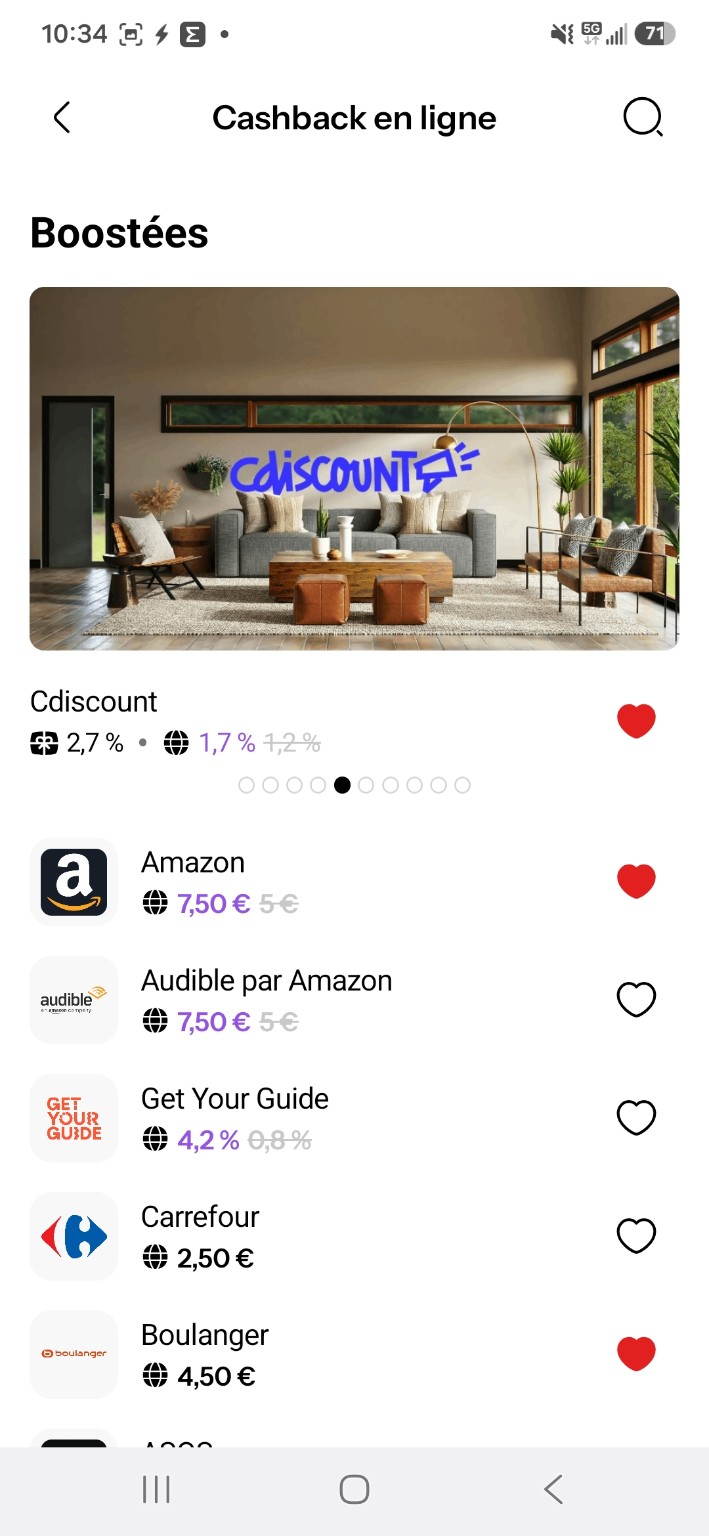 Exemples d'offres de cashback boostées dans l'application Joko