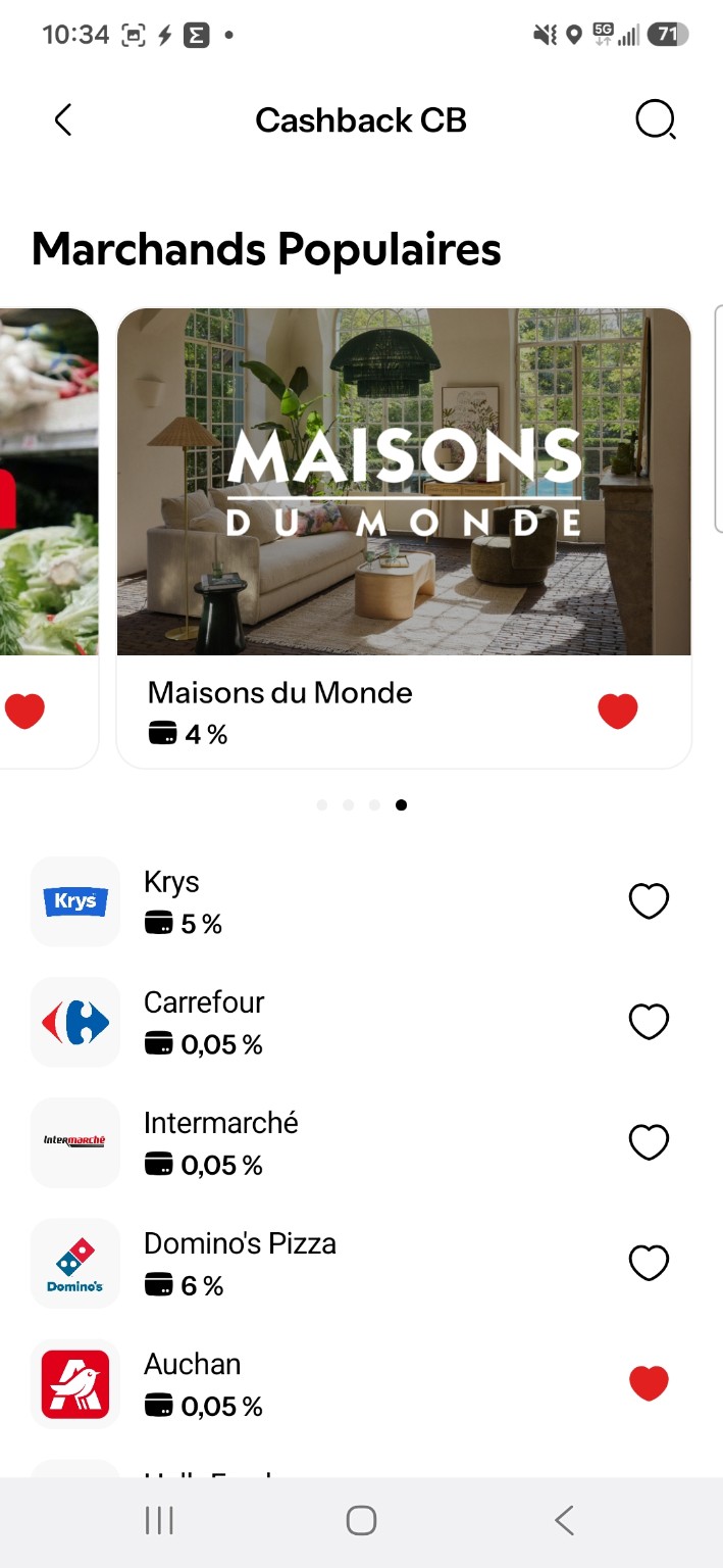 Exemples d'offres de cashback CB disponibles sur Joko