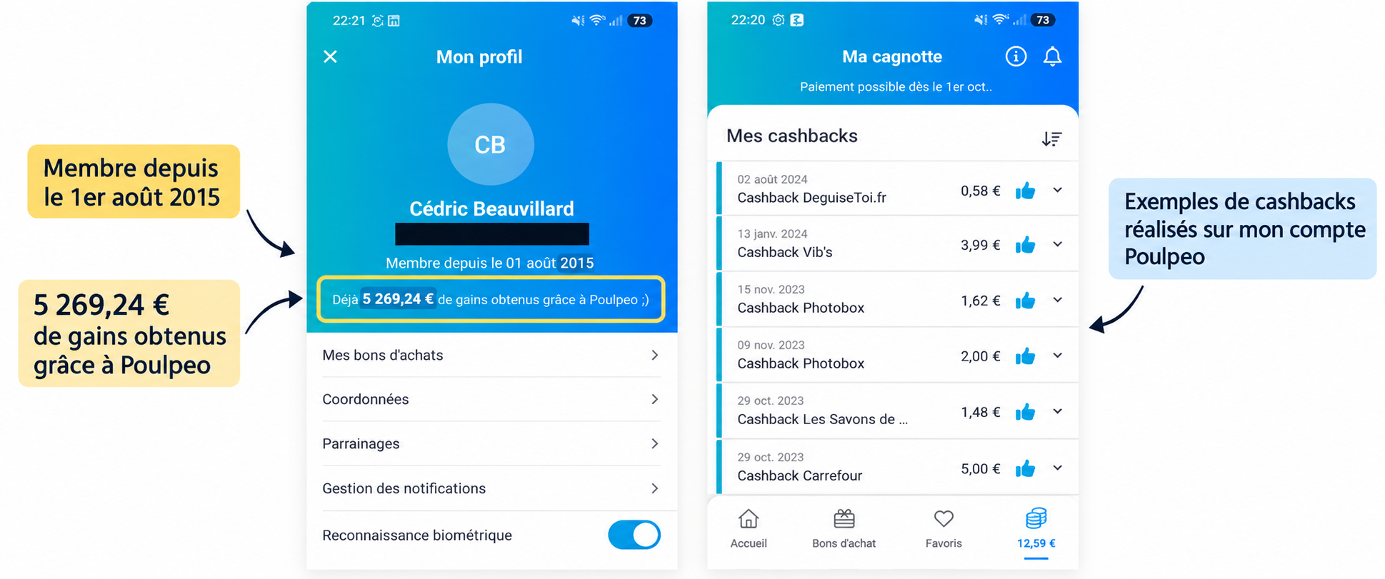 gains et cashback poulpeo