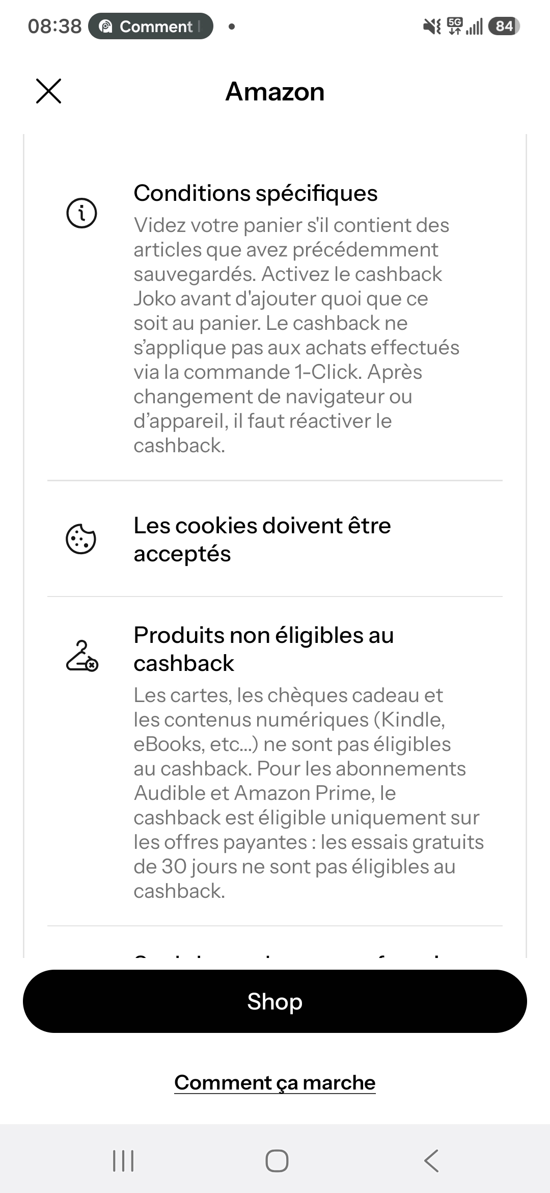 Capture Joko : conditions spécifiques du cashback Amazon