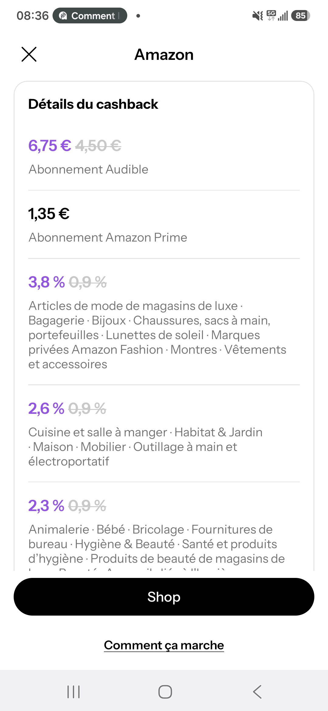 Capture Joko : taux de cashback Amazon par catégorie en octobre 2026